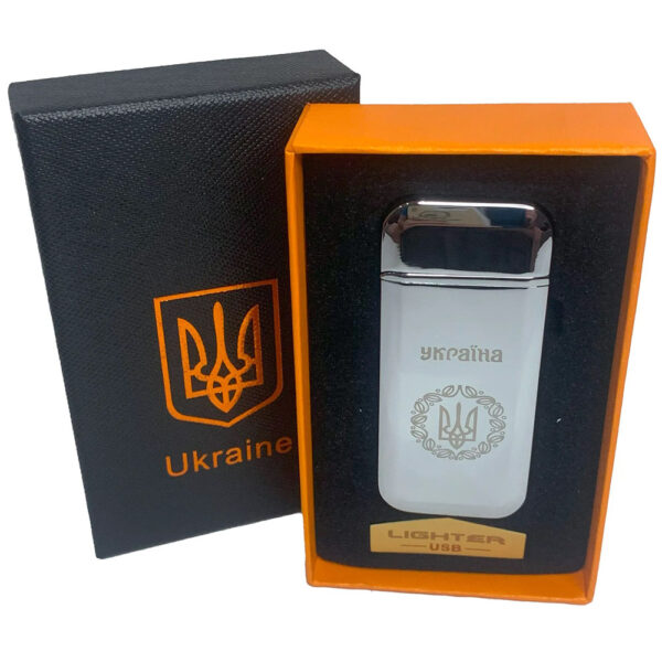 Запальничка Дугова електроімпульсна USB Герб України індикатор заряду, ліхтарик HL-442. Колір: срібло -