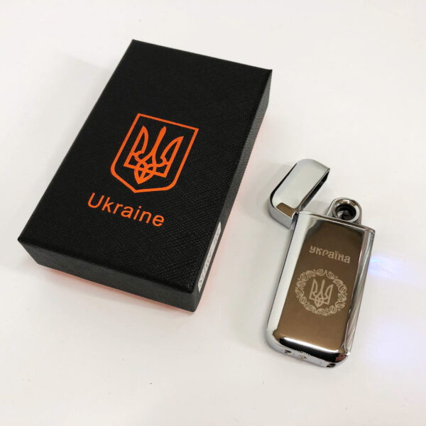 Запальничка Дугова електроімпульсна USB Герб України індикатор заряду, ліхтарик HL-442. Колір: срібло -