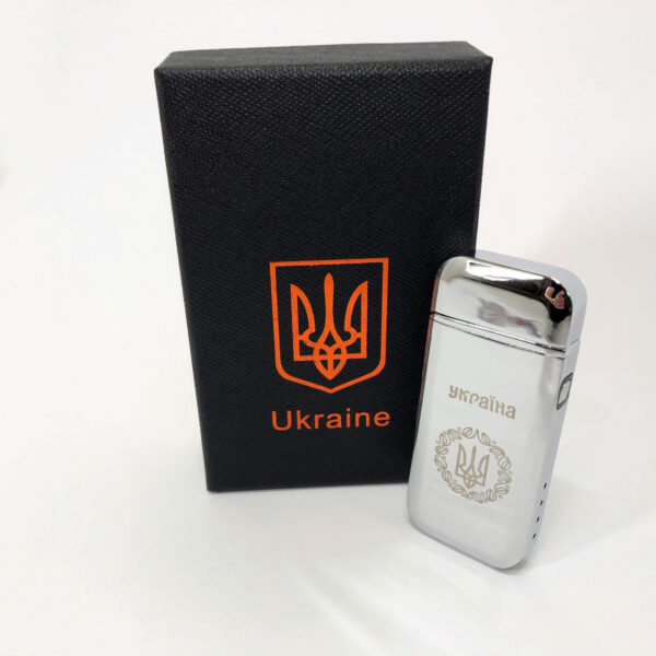 Запальничка Дугова електроімпульсна USB Герб України індикатор заряду, ліхтарик HL-442. Колір: срібло -