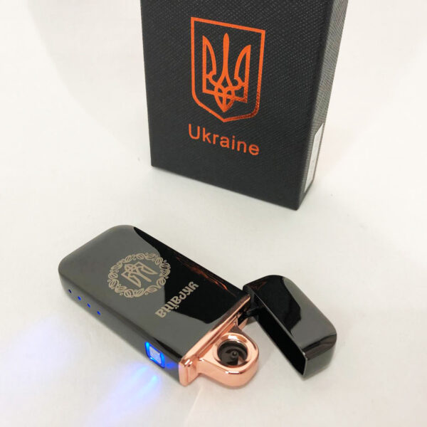 Зажигалка Дуговая электроимпульсная HL-442 USB Герб Украины (индикатор заряда, фонарик) . Цвет: черный - Зажигалка